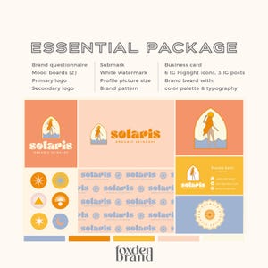 May include: An "Essential Package" design concept featuring a logo, mood boards, and business card. The "solaris" logo is displayed in various formats with a color palette of orange, yellow, and blue. The text "foxden brand" is at the bottom.