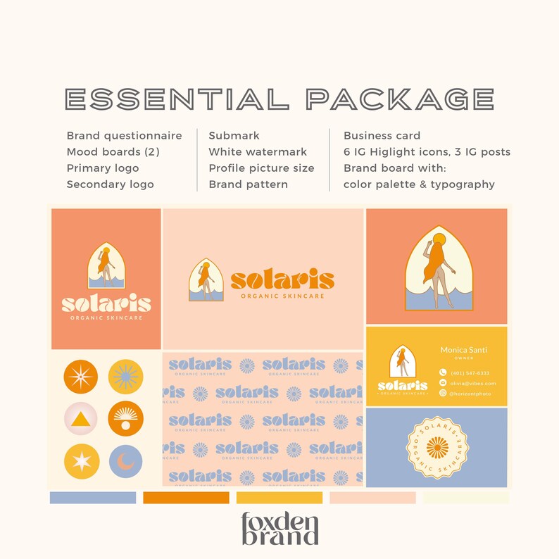 May include: An "Essential Package" design concept featuring a logo, mood boards, and business card. The "solaris" logo is displayed in various formats with a color palette of orange, yellow, and blue. The text "foxden brand" is at the bottom.