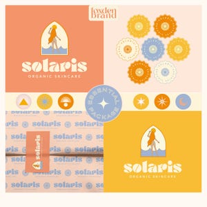 May include: A graphic design layout for Solaris Organic Skincare. The design features the brand logo, product packaging, and decorative elements in a warm color palette of orange, yellow, and blue. The text "Essential Package" is also visible.