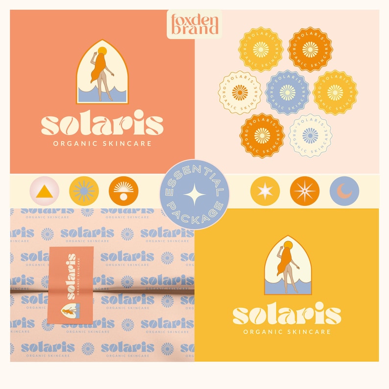 May include: A graphic design layout for Solaris Organic Skincare. The design features the brand logo, product packaging, and decorative elements in a warm color palette of orange, yellow, and blue. The text "Essential Package" is also visible.