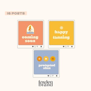 May include: Three Instagram post mockups with retro designs. One post has a woman silhouette and the words "coming soon". Another says "happy tanning" and the last one says "protected skin". The Foxden Brand logo is at the bottom.