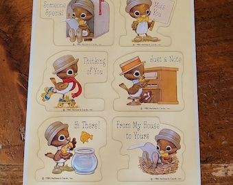 Hallmark Cards Vintage Sticker Sheet...Spencer Sparrow (1980).  Cute Robin Bird.... Mailbox, Piano, Rollerskating, Goldfish.    Very RHTF.