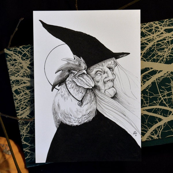 Dessin original à l'encre - Inktober Sorcière et Poulet