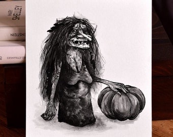 Original Ink Drawing - Inktober Witch and Pumpkin