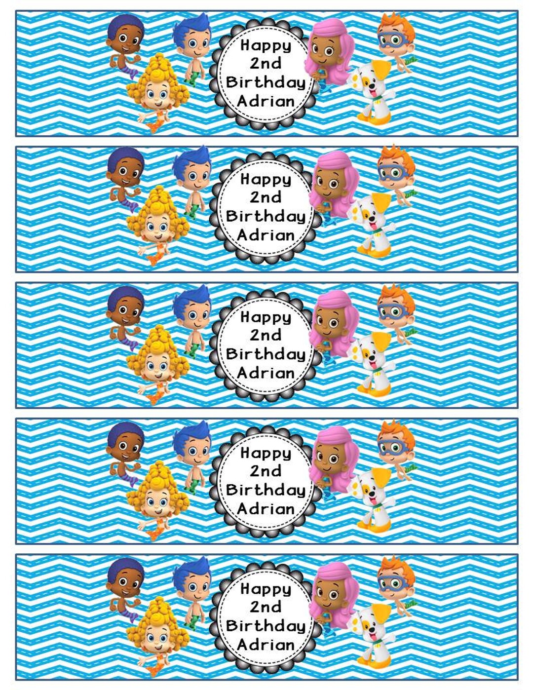 Bubble Guppies Water Bottle Label Blue or Pink Chevron or Beach