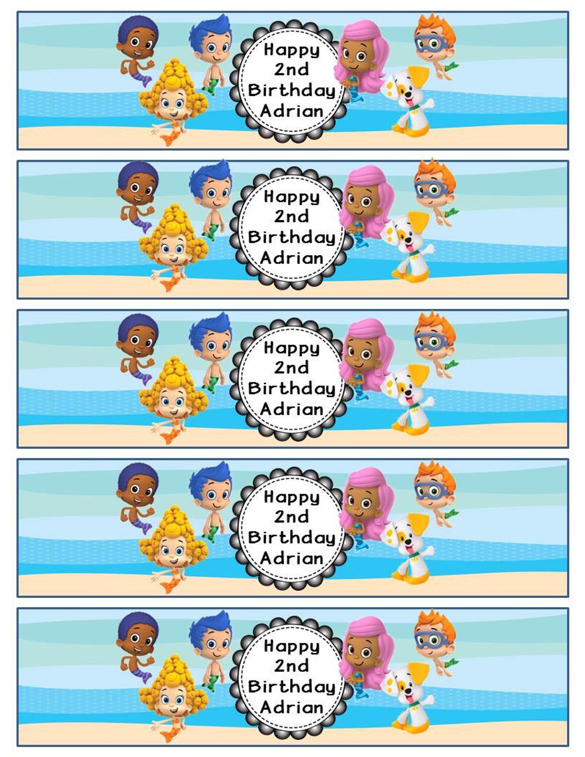 Bubble Guppies Water Bottle Label Blue or Pink Chevron or Beach