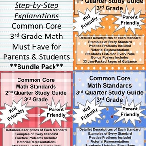 Puede incluir: Un conjunto de tres guías de estudio coloridas para matemáticas de 3er grado, que cubren los estándares de Common Core para cada trimestre. Cada guía incluye descripciones detalladas, ejemplos, problemas de práctica, representaciones pictóricas, listas de estándares, pósters de bonificación y páginas repletas de orientación. Las guías son aptas para niños y padres.