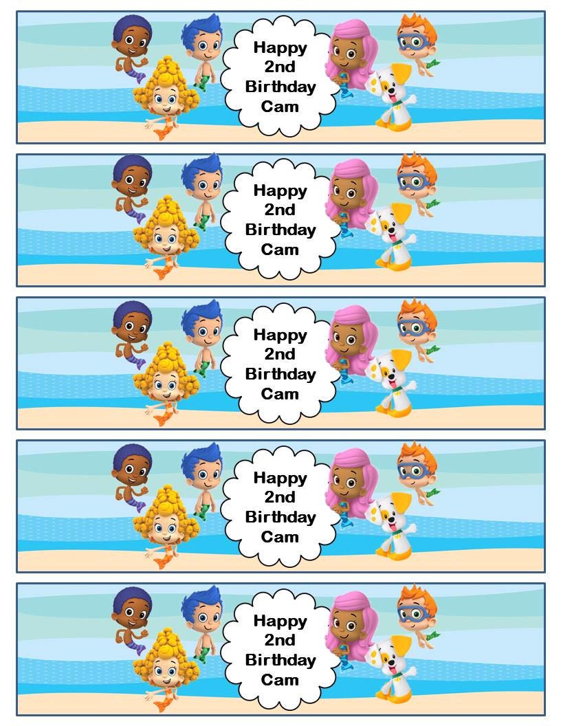 Bubble Guppies Water Bottle Label Blue or Pink Chevron or Beach