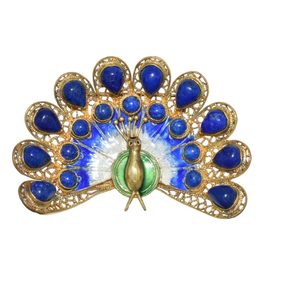 Vintage Enamel Lapis Lazuli Peacock Brooch Gold P… - image 1