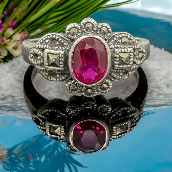 Antique Style Created Ruby Marcasite Ring 925 Ste… - image 2