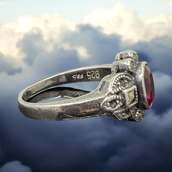 Antique Style Created Ruby Marcasite Ring 925 Ste… - image 7