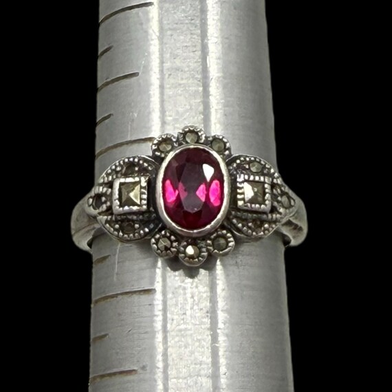 Antique Style Created Ruby Marcasite Ring 925 Ste… - image 4