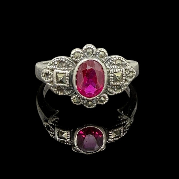 Antique Style Created Ruby Marcasite Ring 925 Ste… - image 1