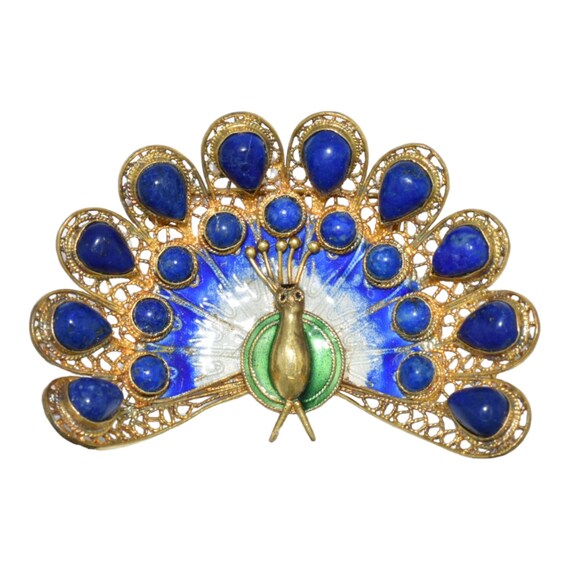 Vintage Enamel Lapis Lazuli Peacock Brooch Gold P… - image 2