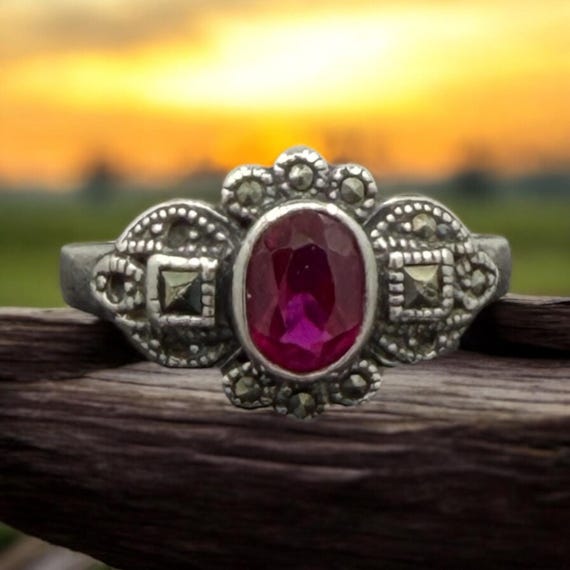 Antique Style Created Ruby Marcasite Ring 925 Ste… - image 3