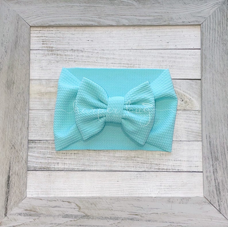 Aqua/blue/solid/Skirt/bummies/liverpool/textured/baby/headwraps/large bow/headband image 1