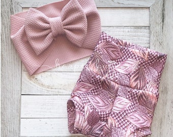 Rose gold/leaves/skirted/bummies/liverpool/textured/baby/headwraps/large bow/headband