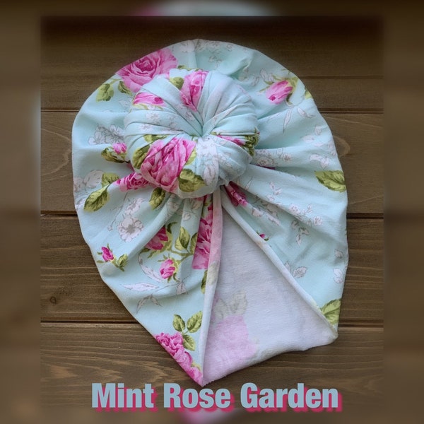 Top Knot Hat/ Turban/ girls/ baby/ adult/mint/roses