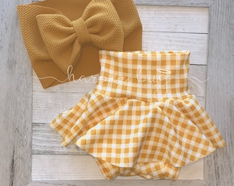 Plaid/mustard/fall/buffalo plaid/skirted/bummies/liverpool/textured/baby/headwraps/large bow/headband