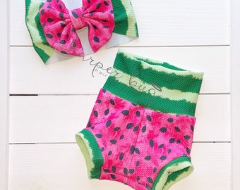 Pink/Watermelon/summer/fruit/skirted/bummies/liverpool/textured/baby/headwraps/large bow/headband