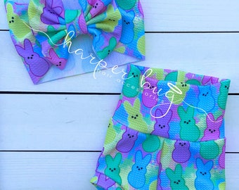 Peeps/marshmallow/Easter/skirted/bummies/liverpool/textured/baby/headwraps/large bow/headband