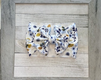 Flowers/floral/blue/mustard/girl/skirted/bummies/liverpool/textured/baby/headwraps/large bow/headband