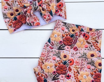 Floral/sunflower/fall/faux embroidered/bummies/liverpool/textured/baby/headwraps/large bow/headband