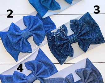 Denim/blue jean/light/dark/skirted/bummies/liverpool/textured/baby/headwraps/large bow/headband