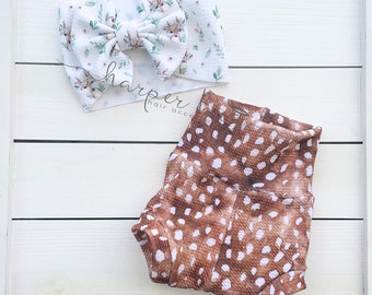 Fawn/deer/woodland/animals/skirted/bummies/liverpool/textured/baby/headwraps/large bow/headband