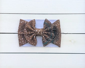 Fawn/deer/hide/animals/skirted/bummies/liverpool/textured/baby/headwraps/large bow/headband