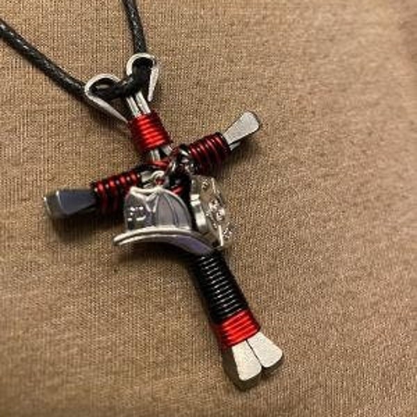 Firefighter Disciples Cross necklace with silverplated Maltese and helmet charm