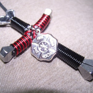 Firefighter disciples cross necklace with silverplated Fire Rescue/ Maltese charm