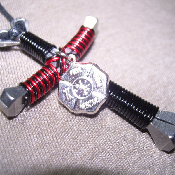 Firefighter disciples cross necklace with silverplated Fire Rescue/ Maltese charm