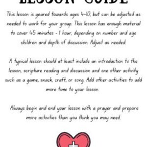 Pu&ograve; includere: Una guida di lezione stampabile per insegnare ai bambini dai 4 ai 10 anni. La guida include un cuore con una croce e il testo "LESSON GUIDE".