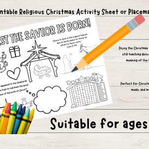 Printable PDF Religious Christmas Activity Sheet Placemat with Coloring, Crossword and Tic Tac Toe Perfect for Parties or Meals for Kids