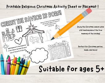Afdrukbaar activiteitenblad religieuze kerst: kleuren, kruiswoordraadsel (pdf)