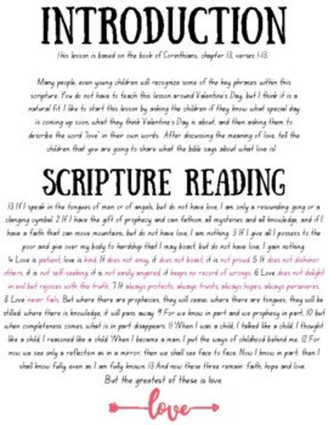 1 Corinthians 13 Children Kid's Bible Lesson Sunday School Valentine's
