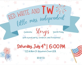 4 juli, patriottische thema verjaardagsfeestje uitnodiging sjabloon - bewerkbare link - rood, wit en TWEE! Little Miss Independent