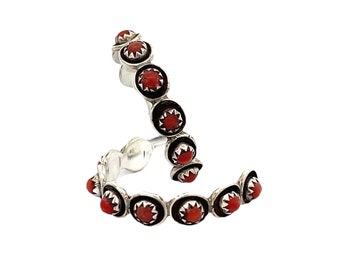 Vintage Red Coral Sterling Silver Hoop Earrings: Southwestern Boho Jewelry