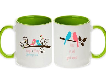 Lesbian Wedding Gift - Pair of Elegant LoveBirds Love is All You Need Mugs with Personalized Names & Date! (2pcs) -  Ships within 2 Days!