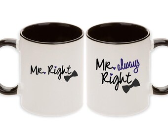 Gay Wedding Gift Pair Mugs - Mr. Right & Mr. Always Right Pair Mugs with Optional Personalized Names and Date (2pcs) -  Ships within 2 Days!