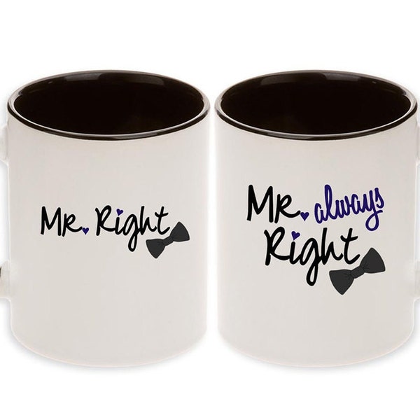 Gay Wedding Gift Pair Mugs - Mr. Right & Mr. Always Right Pair Mugs with Optional Personalized Names and Date (2pcs) -  Ships within 2 Days!