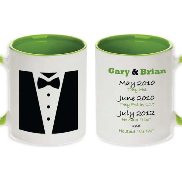 Gay Wedding Gift - Pair of Unique Tuxedo Mugs w/ Customized Date of When "They Met, They Fell In Love and they said their I DO"! -(2pcs)