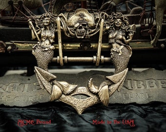 Pirate skull & mermaid fountain Baldric belt buckle 4 the Buccaneer Swashbuckler Privateer Marauder Rogue   ornate Pirates of the Caribbean