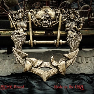 Pirate skull & mermaid fountain Baldric belt buckle 4 the Buccaneer Swashbuckler Privateer Marauder Rogue   ornate Pirates of the Caribbean