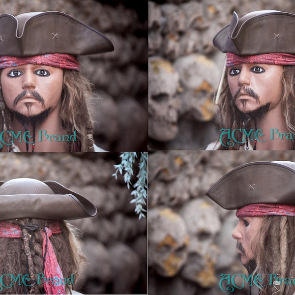 Jack sparrow Leather Tricorn Tricorner Pirate hat Milliner made