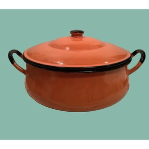 Pode incluir: Uma panela de cozinha redonda de esmalte laranja com tampa e duas alças. A panela tem uma borda e detalhes de alça pretos. A tampa tem um pequeno botão preto. A panela está sobre um fundo azul-petróleo.