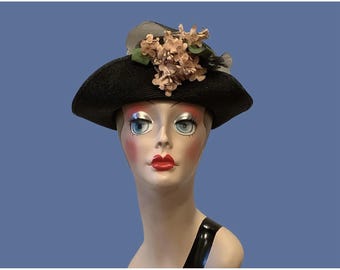 ヴィンテージ レディース 黒 麦わら帽子 ピンクの花柄 1930年代 ドレッシーな帽子