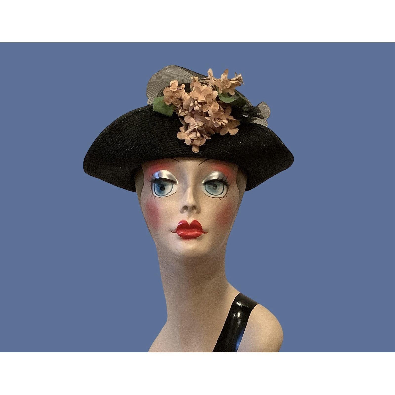 GLORIOUS 1930s\' BLACK FINE  STRAW TOQUE WITH FULL VEIL AND FABRIC FLOWERS She Had That Look About Her - Vintage 1930s 1940s Classic  main image 3