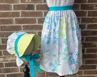 2-piece half apron with bonnet set, Pioneer Costume, Trek Clothes, Pioneer apron bonnet set, Pioneer clothes, prairie clothes, Cosplay, Trek